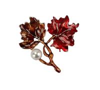 CIMAXIC Vintage Enamel Brooch Maple Leaf Shape Breastpin with Delicate Pearl Red Alloy Collar Pin Retro Style Fashion Brooch for Women Accessories
