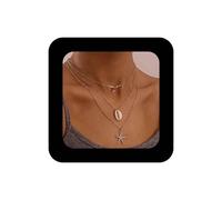 Cimenexe Bohemian Layered Starfish Shell Choker Necklace Gold Metal Starfish Pendant Necklaces Teardrop Crystal CZ Chain Necklaces Natural Cauri Shell Chain Necklace Jewellery for Women