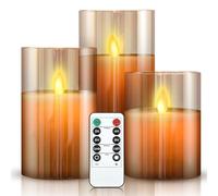 cimetech LED Flameless Candles, 3pcs Golden Glass Lights Real Wax Flicker Realistic Bright Pillar Candles with 10-Key Remote Control, 24-Hour Timer Function for Home Outdoor (Gold)