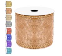 Cimeton 1 Roll Orange Swirl Glitter Wired Ribbon 2.5 inch Wide 10 Yards Long Organza Sheer Ribbon with Gold Metallic Edge Glitter Swirl Pattern Wired for Floral Craft Holiday Decoration