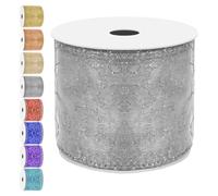 Cimeton 1 Roll Silver Swirl Glitter Wired Ribbon 2.5 inch Wide 10 Yards Long Organza Sheer Ribbon with Gold Metallic Edge Glitter Swirl Pattern Wired for Floral Craft Holiday Decoration