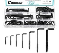 Cimeton 125PCS 7 Sizes Black Metal Screw-in Square Bend Hooks Without Padding Kit Square Bend Hooks Self-Tapping Screws Hooks Right Angle Metal Screw Hooks L Shaped Screw in Hooks for Hanging