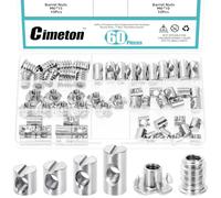 Cimeton 60PCS M6 Barrel Nuts Cross Dowels Slotted Nut Kit with 4-Pronged Tee Nut Wood Inserts Bolt for Wood Furniture(Nickel Plating)