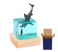 cimsfcor Epoxy Resin Shark Night Light, Night Lamp with Humpback Whale Shark Diver Lamp with Wooden Base for Home Office Decoration (Megalodon)