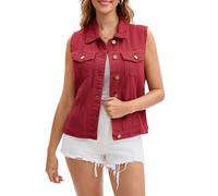 CIMUK Women's Denim Vest Button Down Jacket W Chest Flap Pockets Washed Distressed Sleeveless Jean Jacket Red L