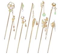 Cinaci 10 Pieces Decorative Vintage Retro Pearl Gold Metal Hair Sticks Pins with Pendants Chinese Hanfu Asian Flower Butterfly Hair Chopsticks Hair Bun Updo Holders Long Hairpins for Women Girls