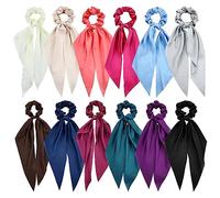 Cinaci 12 Pieces Solid Silky Satin Chiffon Hair Ties with Long Ribbon Bow Tail Hair Scrunchies Ponytail Holders Rubber Bands Accessories for Women Girls Teens