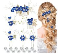Cinaci 18 Pieces Bridal Wedding Party Prom Pearl Rhinestone Royal Blue Flower Hair Side Combs Slides+U-shaped Flower Hair Pins+Twist Spiral Hairpins Floral Headpieces for Brides Bridesmaids Women Girl