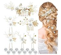 Cinaci 18 Pieces Bridal Wedding Party Prom Pearl Rhinestone White Flower Hair Side Combs Slides+U-shaped Flower Hair Pins+Twist Spiral Hairpins Floral Headpieces for Brides Bridesmaids Women Girls