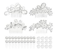 Cinaci 36 Pack Sparkly Silver Rhinestone Pearl Bridal Hair Side Combs Slides+U-shaped & Twist Hair Pins Clips Barrettes Wedding Headpieces Accessories for Women Girls Brides Bridesmaids