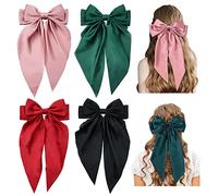 Cinaci 4 Pack Satin Silk Long Large Big Oversized Giant Bow French Barrettes Alligator Hair Clips Ponytail Holder Hair Accessories for Women Girls Teens
