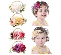 Cinaci 4 Pack White Pink Red Rose Flower Hair Bows Super Stretchy Nylon Headbands Floral Crowns Elastic Hair Bands Fancy Headpieces Hair Accessories for Baby Girls Newborns Infants Toddlers Kids