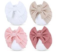 Cinaci 4 Pieces Soft Stretchy Nursery Hospital Caps Bonnets Beanies Headwraps Turban Hats with Bow for Baby Girls Newborns Infants Toddlers