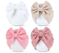Cinaci 4 Pieces Soft Stretchy Turban Hats with Bow Nursery Hospital Caps Bonnet Beanies Headwraps for Baby Girls Newborns Infants Toddlers