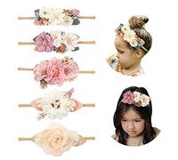 Cinaci 5 Pack White Cream Pink Delicate Flower Nylon Headbands Fancy Floral Hair Bows Elastic Soft Hair Bands Easter Spring Boho Head Accessories Bulk for Baby Girls Newborns Infants Toddlers Kids