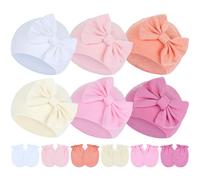 Cinaci 6 Sets Stretchy Soft Cotton Bow Turban Hats and No Scratch Mittens Nursery Hospital Caps Bonnets Beanies Gloves Set for 0-6 Months Baby Girls Newborns Infants