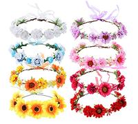 Cinaci 8 Pack Adjustable Sunflower Daisy Rose Flower Crowns Headband Wreath Floral Tiara Hairband Garland Wedding Party Hawaiian Boho Headpiece Accessories Bulk for Women Brides Bridemaids Girls Teens