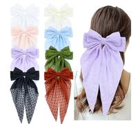 Cinaci 8 Pieces Fancy Chiffon Large Big Oversized French Barrettes Bow Hair Clips with Long Tail Non Slip Spring Clip Hair Bows Grips Accessories for Women Girls Teens Thin Thick Hair