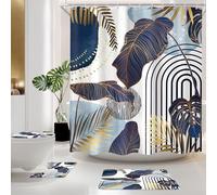 Cinbloo 4Pcs Blue Boho Shower Curtain Set, Modern Tropical Abstract Gold Leaves Monstera Palm Bathroom Curtain with Rug, Toilet Lid Cover, Bath Mat, Mid Century Plants Shower Curtain with 12 Hooks