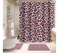 Cinbloo 4Pcs Leopard Print Shower Curtain Set, Black Pink Wild Safar Skin Pattern Cheetah Cat Bathroom Curtain with Rug, Toilet Lid Cover, Bath Mat, Powerful Fur Wildlife Shower Curtain with 12 Hooks