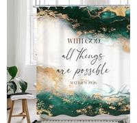Cinbloo Abstract Marble Christian Shower Curtain 60Wx72H Emerald Green Bible Verse Shower Curtain Ombre Gold Teal Turquoise Modern Bathroom Curtain Set Scriptures Bathroom Decor Fabric with 12 Hooks