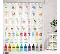 Cinbloo Alphabet ABC Kids Shower Curtain 60Wx72H Children Cartoon Cute Animal Colorful Educational Bathroom Curtain Set Number Learning Bath Curtain Fabric Baby Girls Boys Bathroom Decor with 12 Hooks