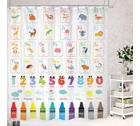 Cinbloo Alphabet ABC Kids Shower Curtain 72Wx72H Colorful Cartoon Children Animal Cute Educational Number Learning Bathroom Curtain Set Nursery Baby Boys Girls Fabric Bathroom Decor with 12 Hooks