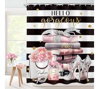 Cinbloo Black and Pink Shower Curtain 60Wx72H Fashion Black White Girly Shower Curtain for Girl Women Modern Flower Floral Perfume Striped High Heels Magazine Books Fabric Bathroom Decor with 12 Hooks