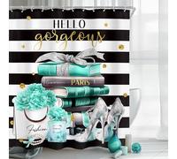 Cinbloo Black and Teal Shower Curtain 60Wx72H Fashion Girly Black White Shower Curtain for Girl Women Modern Flower Floral Perfume Striped High Heels Magazine Books Fabric Bathroom Decor 12 Hooks