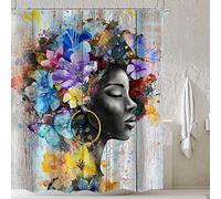 Cinbloo Black Girl 72Wx72H Shower Curtain African American Rustic Wooden Flower Butterfly Afro Woman Bathroom Curtain Set Colorful Bath Curtain Cloth Fabric Bathroom Accessories Decor with 12 Hooks