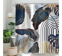 Cinbloo Blue Boho 72Wx72H Shower Curtain Mid Century Modern Tropical Abstract Emerald Gold Leaves Monstera Palm Plant Bathroom Curtain Set Minimalist Arch Bath Bathroom Accessories Decor