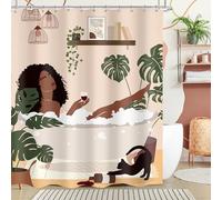 Cinbloo Boho Black Girl Shower Curtain 60Wx72H Tropical African American Woman in Bathtub Bathroom Curtain Set Modern Fashion Brown Bath Curtain Fabric Palm Leaf Cat Summer Bathroom Decor with 12 Hook