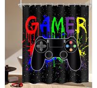 Cinbloo Boys Gamer Shower Curtain 60Wx72H Gaming Controller Video Game Colorful Funny Graffiti Gamepad Kid Bathroom Curtain Set Cool Bath Curtain Cloth Fabric Bathroom Accessories Decor with 12 Hooks