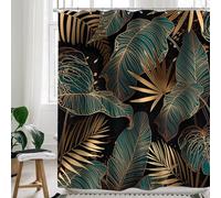 Cinbloo Emerald Green/Black/Gold/Brown Shower Curtain, 72" W x 72" H, Hawaiian Botanical Pattern with Abstract Palm Leaves Modern Style, 12 Hooks