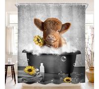 Cinbloo Farmhouse Highland Cow 72Wx72H Shower Curtain Western Country Funny Bull in Bathtub Cute Sunflower Bathroom Curtain Set Man Bath Curtain Cloth Fabric Bathroom Accessories Decor with 12 Hooks