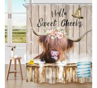 Cinbloo Farmhouse Highland Cow Shower Curtain Country Funny Western Cattle Bull Bathroom Curtain Cute Farm Animal Flower Bath Curtain Fabric Rustic Brown Wooden Bathroom Decor with 12 Hooks 60Wx72H