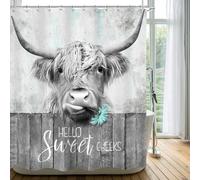 Cinbloo Funny Gray Highland Cow Shower Curtain 72Wx72H Vintage Farmhouse Western Longhorn Bull Animal Rustic Country Bathroom Curtain Set Wooden Daisy Bath Curtain Fabric Bathroom Decor with 12 Hooks