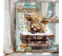 Cinbloo Funny Highland Cow Shower Curtain 60Wx72H Beach Western Country Shower Curtain Cattle in Bathtub Rustic Teal Wooden Ocean Seashell Starfish Nautical Coastal Bathroom Decor Fabric with 12 Hooks