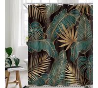 Cinbloo Green/Black/Gold Shower Curtain 60" W x 72" H, Abstract Modern Tropical Bathroom Decor with Hawaiian Palm Leaves and Monstera, 12 Hooks