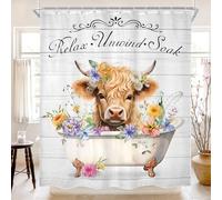 Cinbloo Highland Cow Shower Curtain 60Wx72H Farmhouse Cute Calf Spring Flower Cattle Bathroom Curtain Country Western Bull Bath Curtain Fabric Rustic Farm White Wooden Bathroom Decor with 12 Hooks
