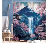 Cinbloo Japanese Shower Curtain 72Wx72H Asian Anime Cherry Blossom Mountain Waterfall Moon Nature Bathroom Curtain Set Aesthetic Bath Curtain Cloth Fabric Bathroom Accessories Decor with 12 Hooks