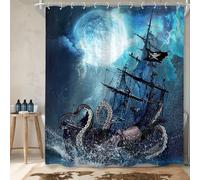 Cinbloo Kids Octopus Beach Shower Curtain 60Wx72H Nautical Kraken Anime Pirate Ship Bathroom Curtain Set Navy Blue Sea Wave Sailboat Gothic Ocean Moon Night Anime Bathroom Decor Fabric with 12 Hooks