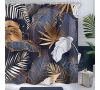 Cinbloo Navy Blue Boho 72Wx72H Shower Curtain Modern Abstract Tropical White Gold Palm Leaves Monstera Hawaii Bathroom Curtain Set Brown Botanical Plants Nature Neutral Bath Bathroom Accessories Decor