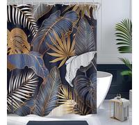 Cinbloo Navy Blue Shower Curtain 60Wx72H Tropical Shower Curtain Abstract White Gold Palm Leaves Hawaiian Monstera Bathroom Curtain Modern Botanical Brown Plant Bathroom Decor Fabric 12 Hooks