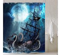 Cinbloo Octopus Pirate Ship Shower Curtain 72Wx72H Nautical Ocean Kraken Sea Waves Kids Boys Man Bathroom Curtain Set Vintage Sailboat Navy Moon Night Bath Curtain Fabric Bathroom Decor with 12 Hooks