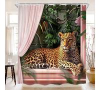 Cinbloo Pink Leopard Shower Curtain 72Wx72H Cheetah Wildlife Vintage Jungle Animal Pearl Bathroom Curtain Set Tropical Bath Curtain Cloth Fabric Leaves Plant Bathroom Accessories Decor with 12 Hooks