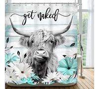 Cinbloo Rustic Highland Cow 72Wx72H Shower Curtain Country Western Bull Funny Cattle Wooden Teal Floral Daisy Bathroom Curtain Set Farm Bath Curtain Fabric Bathroom Accessories Decor with 12 Hooks