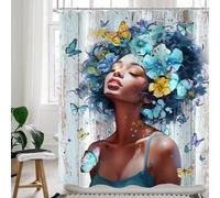 Cinbloo Teal Floral Shower Curtain 60Wx72H Black Girl Rustic Spring Blue Flower Butterfly Black Woman Shower Curtain Fabric Farmhouse Wooden African American Bathroom Decor with 12 Hook
