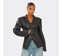 Cinched Waist Blazer In Black Faux Leather, Women's Size UK 6