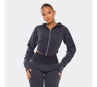 Cinched Waist Cropped Zip Up Hoodie In Washed Black, Women's Size UK 16